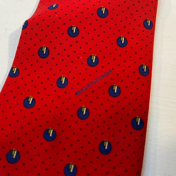 Balenciaga Paris Men's Red Blue Polka Dot Vintage Neck Tie - Good condition! - Picture 2 of 5